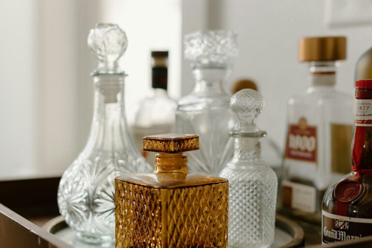 a group of glass bottles. home bar