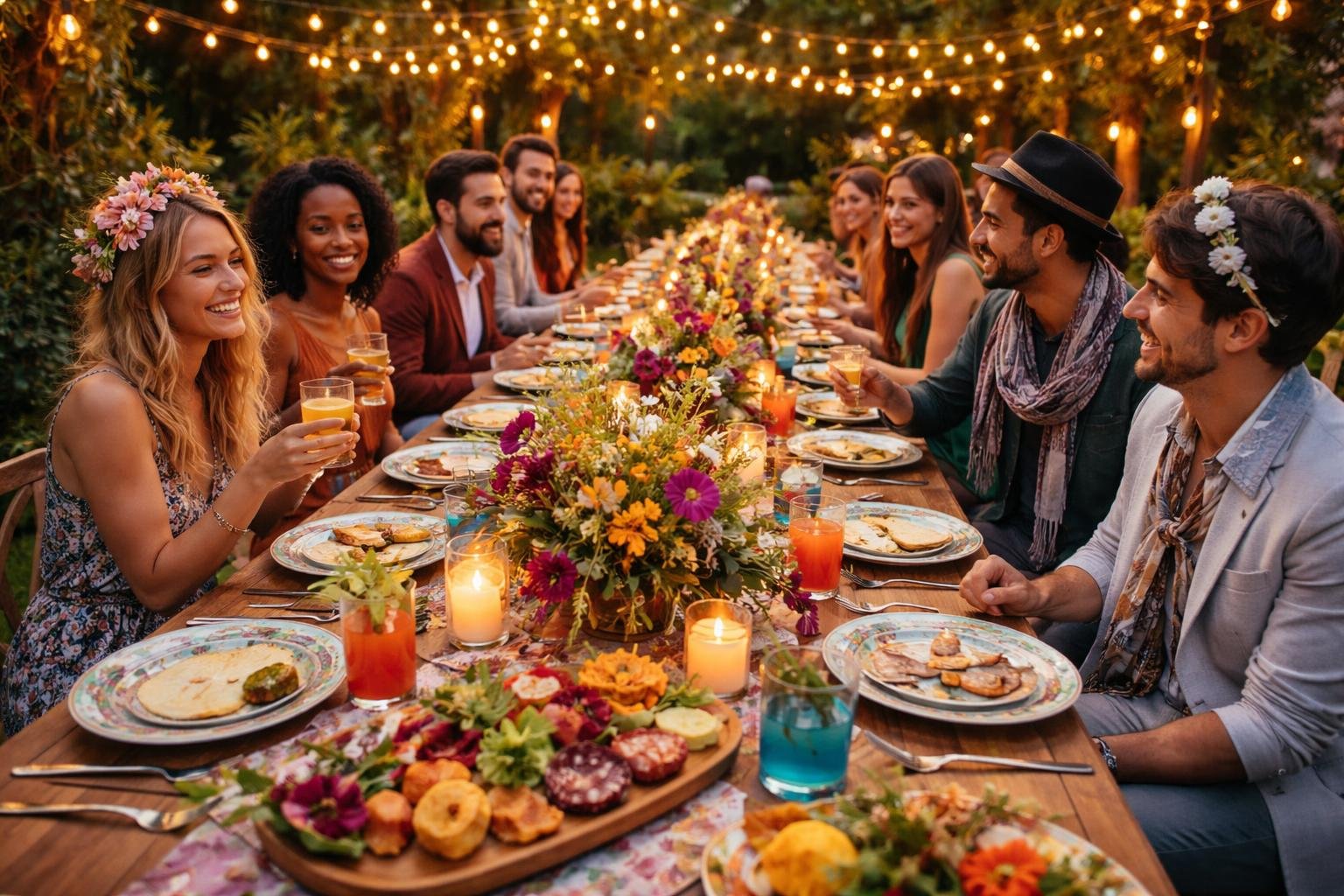 Creative Dinner Party Theme Ideas: Plans, Menus & Hosting Tips 1 An outdoor dinner party with a long table decorated with colorful plates, wildflower centerpieces, and fairy lights, surrounded by guests enjoying food and conversation in a garden setting. creative dinner party theme ideas