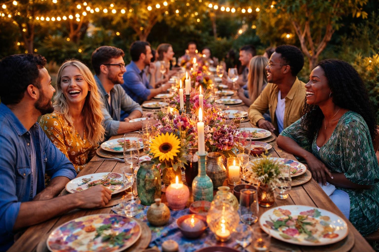 Creative Dinner Party Theme Ideas: Plans, Menus & Hosting Tips 2 A diverse group of people enjoying a lively outdoor dinner party around a decorated table with flowers, candles, and string lights in the evening. creative dinner party theme ideas
