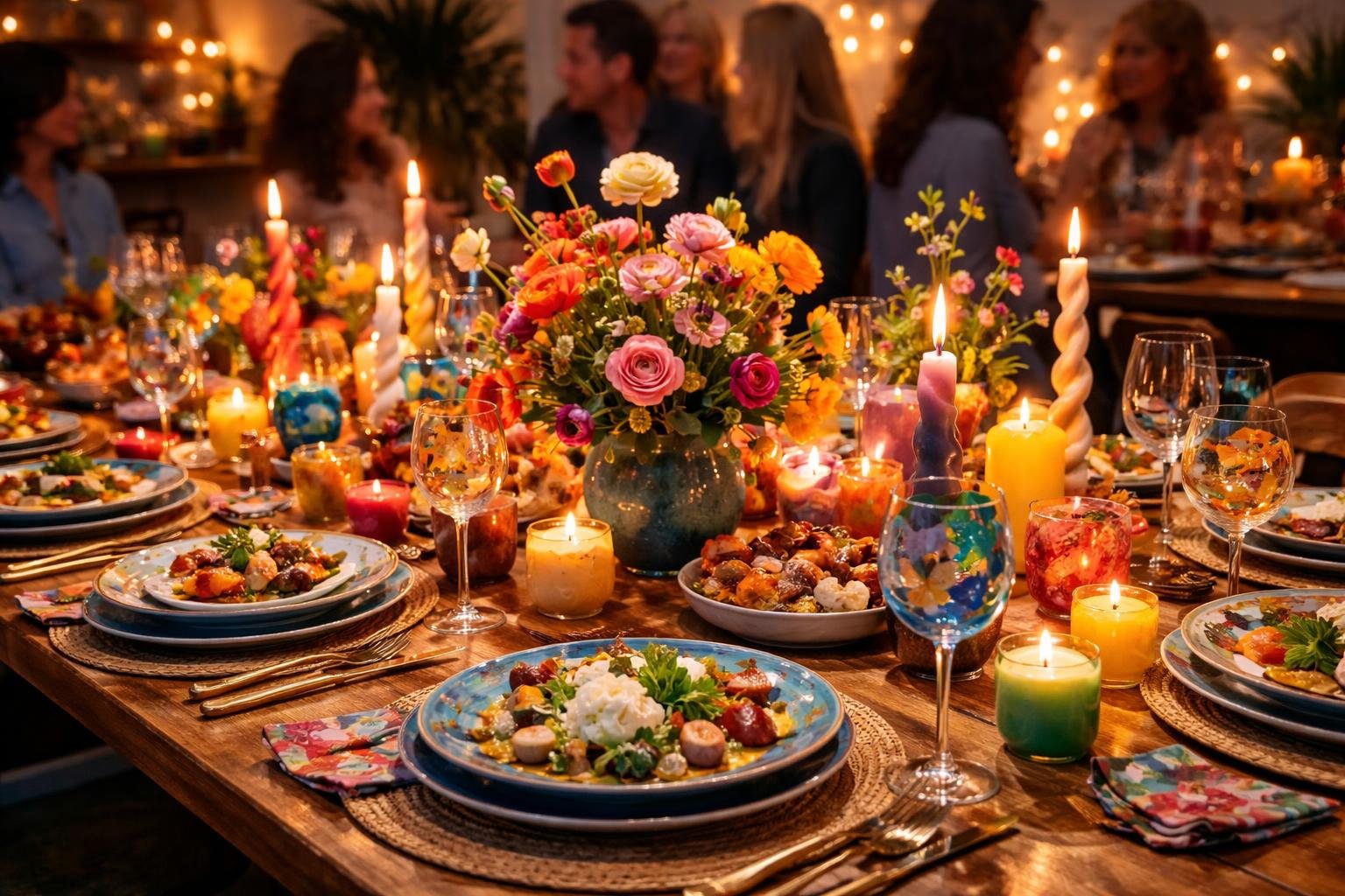 Creative Dinner Party Theme Ideas: Plans, Menus & Hosting Tips 3 A dinner table set with colorful dishes, flowers, and candles, with people talking and enjoying a meal in a dining room. creative dinner party theme ideas
